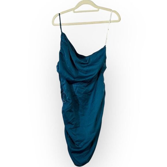 Lulus Mini Dress Women's L Teal Blue Satin One Shoulder Ruched Sleeveless New - Picture 4 of 12
